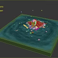 Game Movie Character Red Haired Female in Green Square Pool with Flower Petals and Floating Items