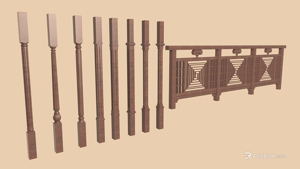 Carved Wooden Railing Components With Ornate Posts And Patterned Decorative Panels 3d model