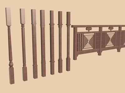 Carved Wooden Railing Components With Ornate Posts And Patterned Decorative Panels 3d model
