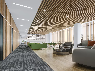 Modern Leisure Area Interior With Wooden Ceiling Green Gray Sofas Carpet And Tables 3d model