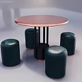 Modern Round Copper Tabletop Set With Black Base And Four Green Leather Stools 3d model
