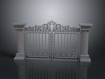 Ornate Iron Gate Furniture Featuring Intricate Carvings And Side Pillars Design 3d model