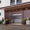 Elegant Entrance Gate Of White Building With Glass Door Stone Lion Statues And Green Shrubs
