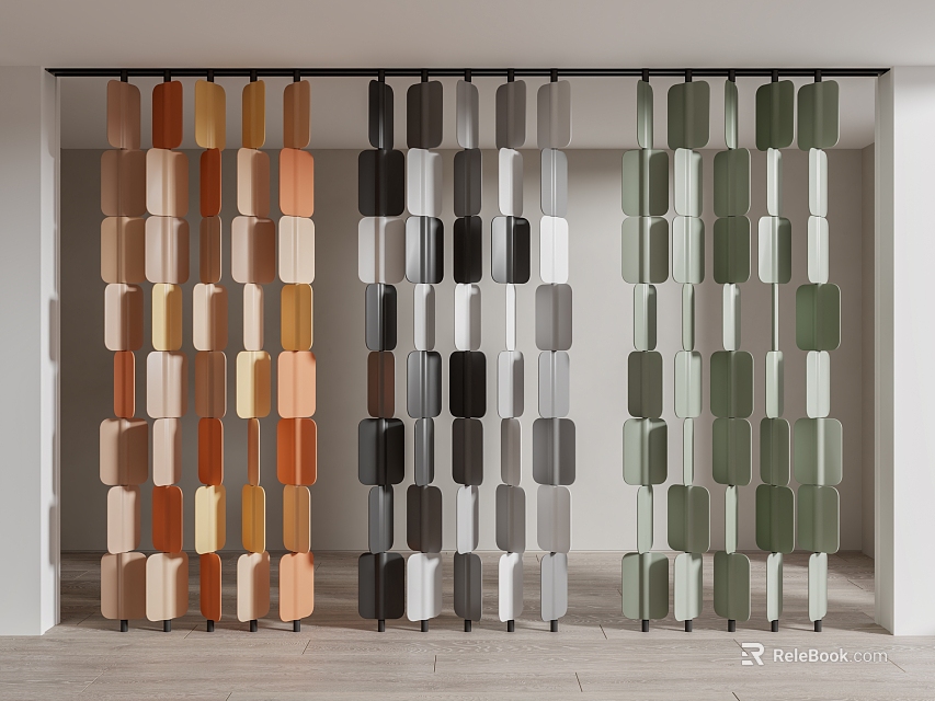 Modern Room Divider Interior Design With Colorful Square Panels And Hanging Structure 3d model 