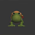 Green Toy Frog With Brown Backpack And Yellow Glowing Lights On Dark Background