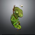 Green Chameleon Clinging To Branch As Small White Butterfly Flies Nearby