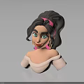 3D Female Character with Dark Hair Pink Headband Green Eyes White Shoulderless Top Dark Background