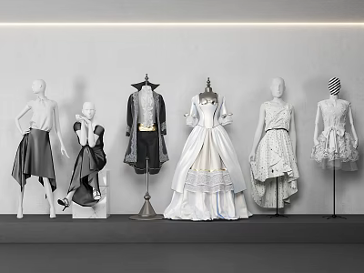 Mannequins Showcasing Various Clothing Styles With Elegant Gowns And Dresses Against Gray Wall Background 3d model