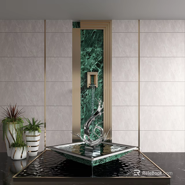 Garden Decorative Ornaments With Green Marble Wall Golden Frame Silver Sculpture And White Planters 3d model 