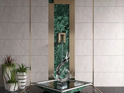 Garden Decorative Ornaments With Green Marble Wall Golden Frame Silver Sculpture And White Planters 3d model