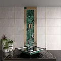 Garden Decorative Ornaments With Green Marble Wall Golden Frame Silver Sculpture And White Planters