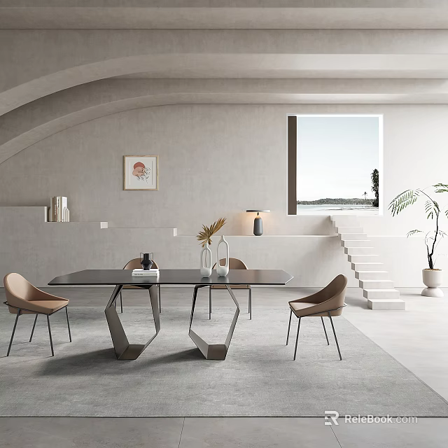 Modern Restaurant Interior Featuring Black Dining Table Geometric Legs Brown Chairs And Sea View Window 3d model 