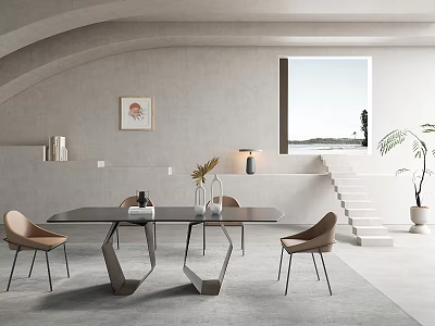 Modern Restaurant Interior Featuring Black Dining Table Geometric Legs Brown Chairs And Sea View Window 3d model