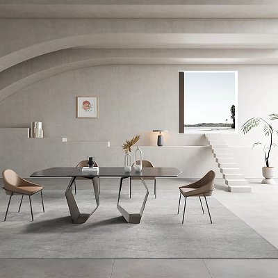Modern Restaurant Interior Featuring Black Dining Table Geometric Legs Brown Chairs And Sea View Window 3d model
