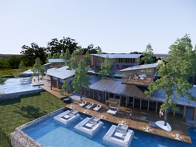 Modern Luxury Resort With Open Terraces Swimming Pools And Lush Trees 3d model