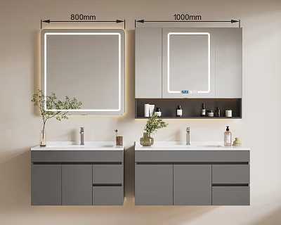 Modern Grey Bathroom Cabinet with LED Mirror and Storage in 600mm and 1000mm Sizes Design 3d model