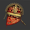 Medieval Knight Wearing Golden Helmet With Green Red Ornaments And Spikes