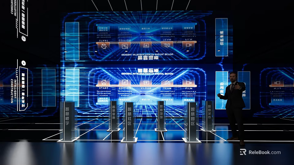 Corporate Exhibition Hall Featuring Smart Operation Blue Lighting Displays And Exhibition Stands 3d model 