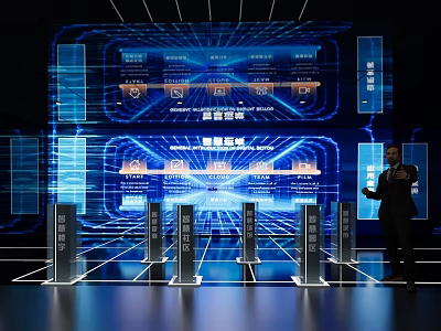 Corporate Exhibition Hall Featuring Smart Operation Blue Lighting Displays And Exhibition Stands 3d model