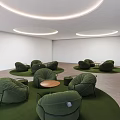 Green Sofas In Modern Interior On Circular Rugs With Wooden Coffee Tables And Round Lights