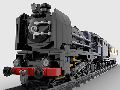Realistic Building Blocks Steam Train Model Featuring Black Locomotive Red Front and Details on Railway Track 3d model