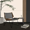 Modern Leisure Chair with Potted Plant Small Round Table Vase and Book on Wooden Floor
