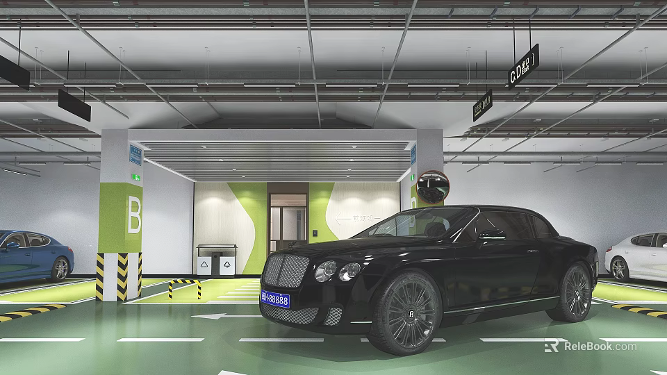 Modern Indoor Parking Garage With Black Luxury Car Green Floor And Direction Arrows 3d model 