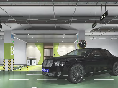 Modern Indoor Parking Garage With Black Luxury Car Green Floor And Direction Arrows 3d model