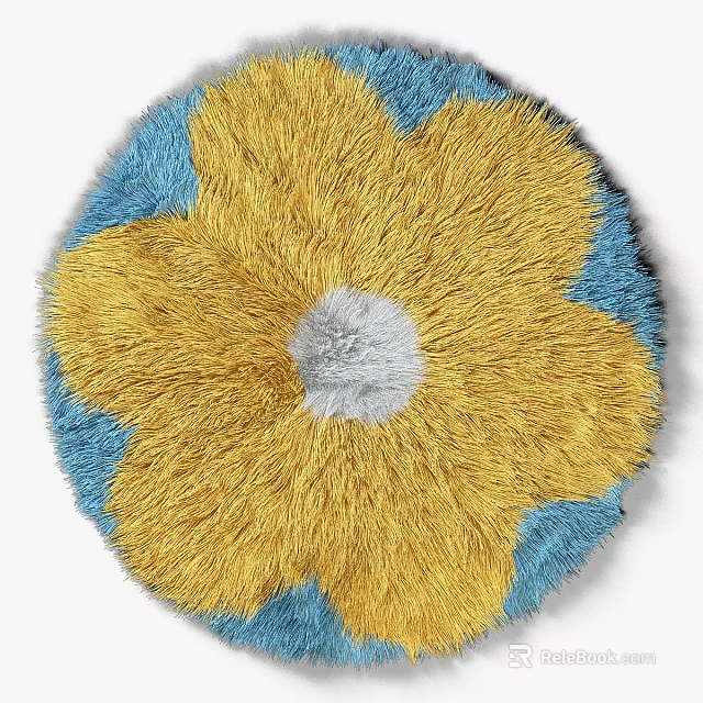 Round Flower Shaped Plush Rug With Yellow Blue Petals And White Center 3d model 