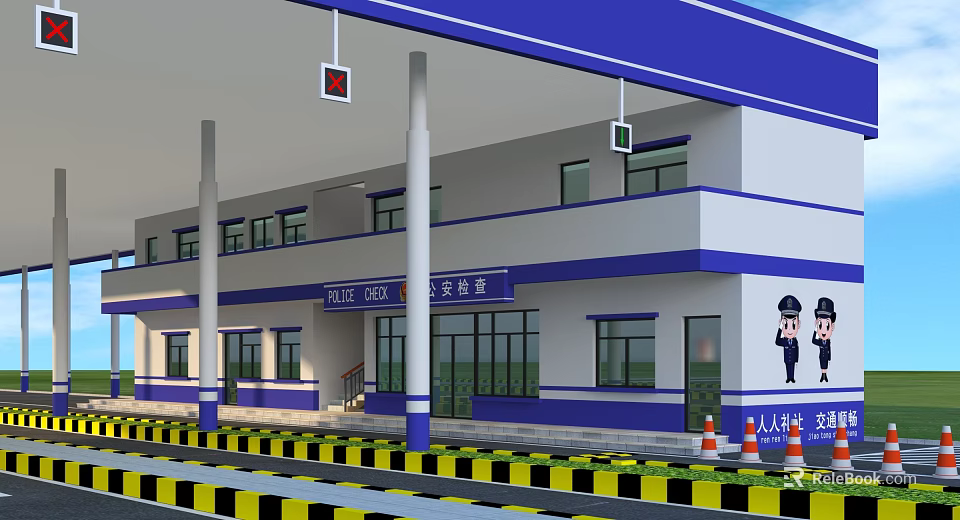 Police Kiosk Blue And White Building With Columns Traffic Cones And Police Officer Figures 3d model 