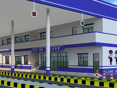 Police Kiosk Blue And White Building With Columns Traffic Cones And Police Officer Figures 3d model