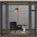 Open Folding Doors In Modern Interior With Floor Lamp And Armchair