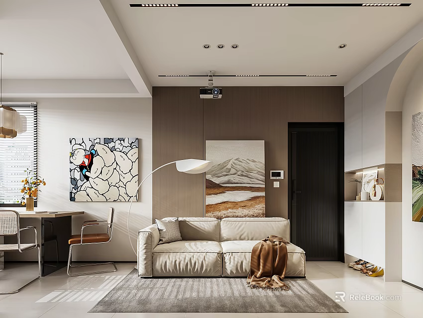 Modern Apartment Living Room With Beige Sofa Area Rug Decorative Artworks And Floor Lamp 3d model 