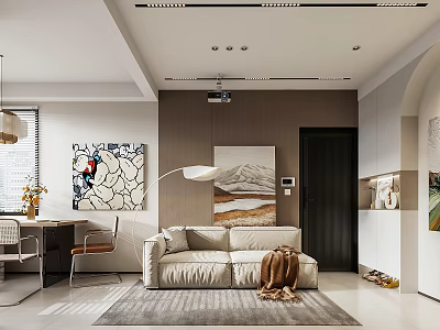 Modern Apartment Living Room With Beige Sofa Area Rug Decorative Artworks And Floor Lamp 3d model