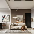 Modern Apartment Living Room With Beige Sofa Area Rug Decorative Artworks And Floor Lamp