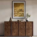 Wooden Decorative Cabinet with Drawers Doors Buddha Statue Vase and Hanging Painting