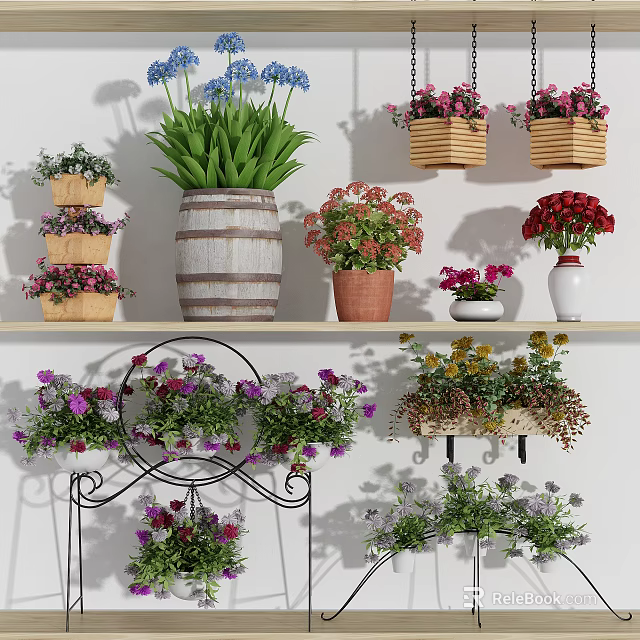 Colorful Potted Plants Display With Wooden Barrel Wicker Baskets And Hanging Shelves 3d model 