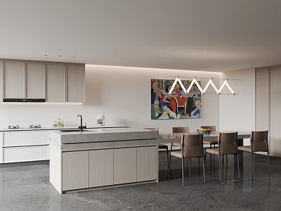 Modern Restaurant Interior With Open Kitchen Island Cabinets Dining Table Chairs Hanging Lighting And Wall Artwork 3d model