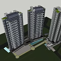 Modern High Rise Buildings With Contemporary Design Many Windows And Green Area Pool At Bottom