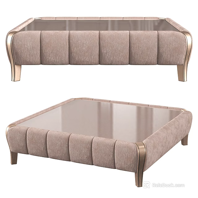 Elegant Modern Velvet Upholstered Coffee Table With Gold Metal Frame And Tempered Glass Top 3d model 