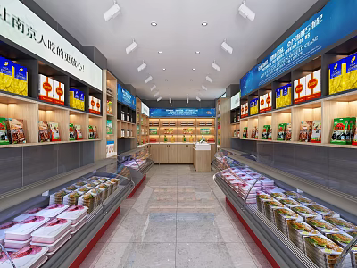 Bright Supermarket Interior With Organized Shelves And Refrigerated Food 3d model