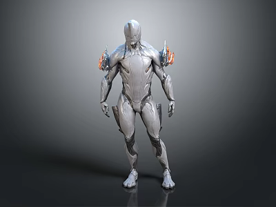 Futuristic Humanoid Character 3D Model With Silver Metallic Body And Shoulder Flame Elements 3d model