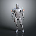 Futuristic Humanoid Character 3D Model With Silver Metallic Body And Shoulder Flame Elements