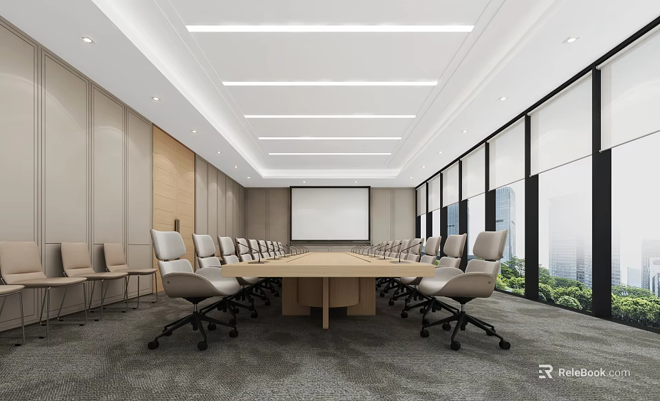 Modern Conference Room Interior With Long Table Gray Chairs Projection Screen And Large Windows 3d model 