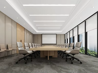 Modern Conference Room Interior With Long Table Gray Chairs Projection Screen And Large Windows 3d model