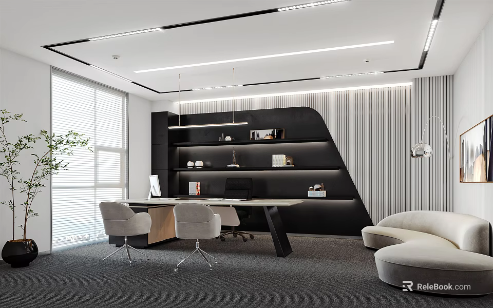 Modern Office Interior Design With Desk Chairs Bookshelves Sofa And Window Lighting 3d model 