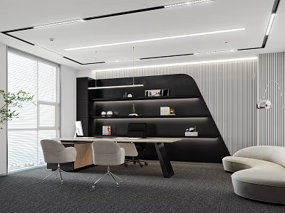 Modern Office Interior Design With Desk Chairs Bookshelves Sofa And Window Lighting 3d model