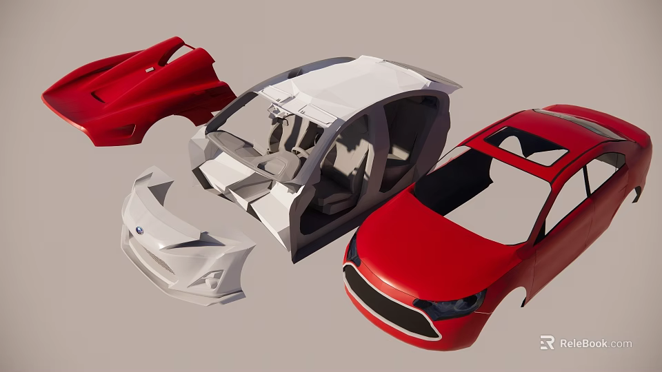 Red And White Car Body Components Including Exterior Panels And Interior Parts 3d model 