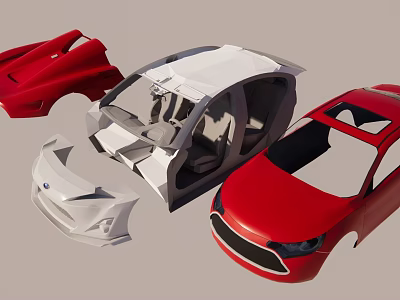 Red And White Car Body Components Including Exterior Panels And Interior Parts 3d model