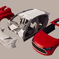 Red And White Car Body Components Including Exterior Panels And Interior Parts